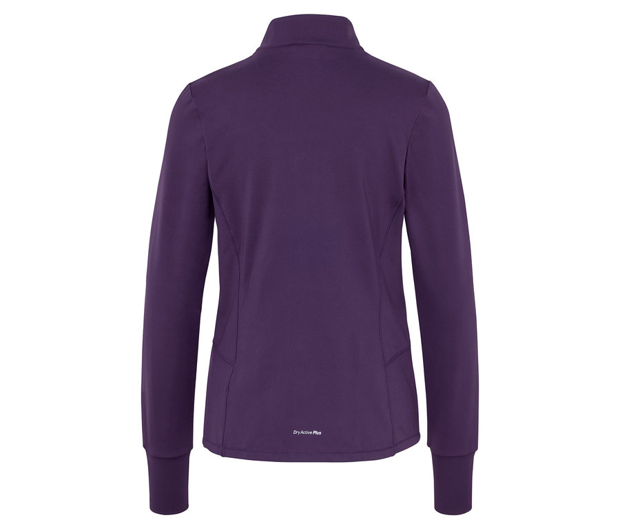 Fialová sportovní bunda s dlouhým rukávem a zipem vzadu.