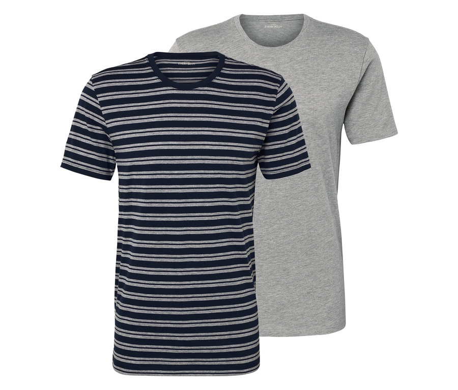Dvě trička: jedno s modrými a šedými pruhy a druhé šedé.
