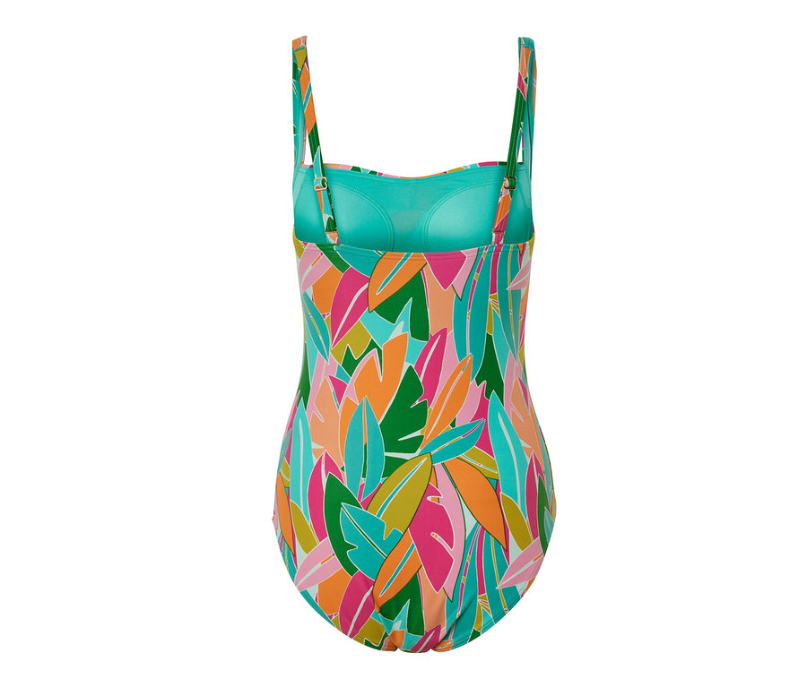 Detail zadní strany vícebarevných tvarujících plavek s potiskem listů.