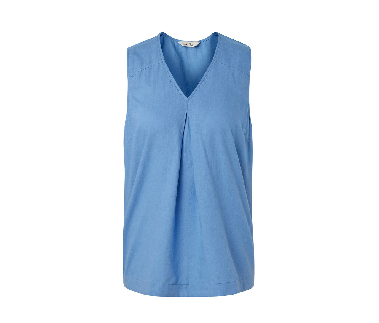 Světle modrá lněná halenka bez rukávů.