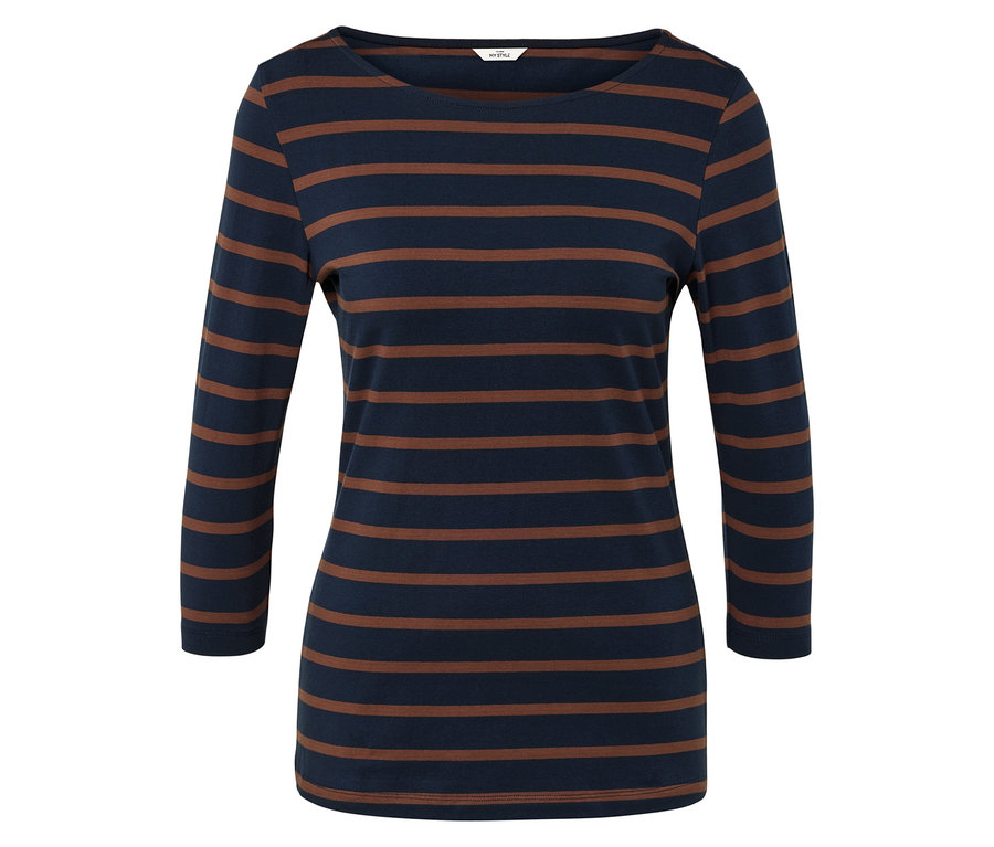 Pruhované tričko s dlouhým rukávem v tmavě modré a hnědé barvě.