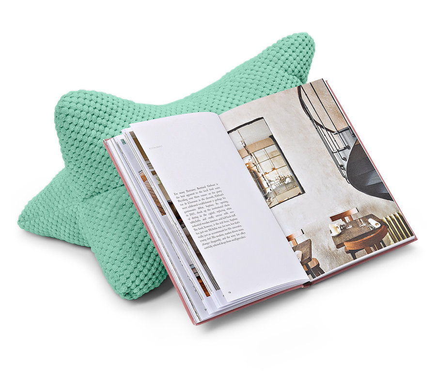 Mátově zelený polštář na čtení podpírá otevřenou knihu.