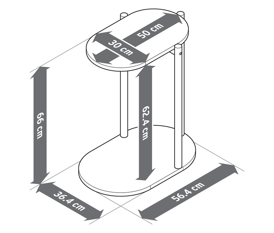 Diagram znázorňující rozměry oválného stolku. Rozměry horní desky jsou 50 cm a 30 cm. Výška stolku je 66 cm. Základna má rozměry 36,4 cm a 56,4 cm.