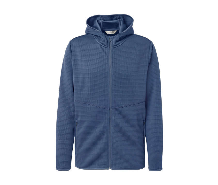 Modrá funkční bunda s kapucí a zipem.