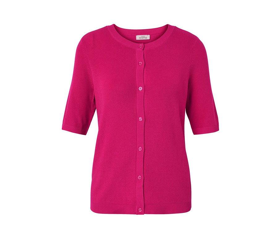 Růžový kardigan z jemného úpletu se lnem s krátkými rukávy a knoflíky.