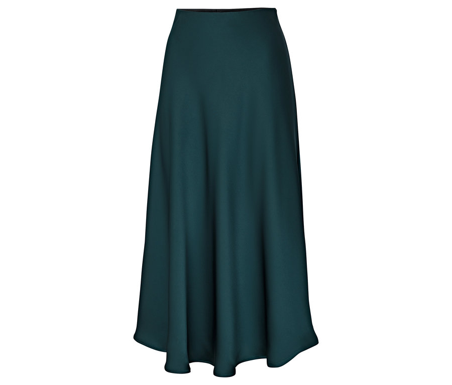 Zobrazená dlouhá, splývavá sukně v odstínu tmavě zelené.