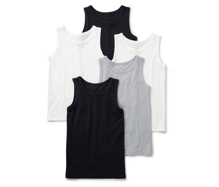 Šest tílek v černé, bílé a šedé barvě leží na sobě.