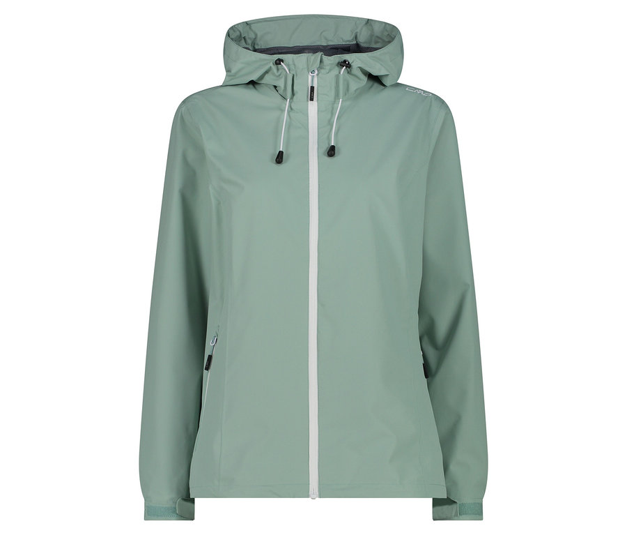 Světle zelená bunda do deště s kapucí a bílým zipem.
