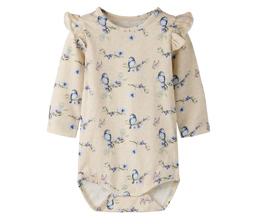 Béžové body s dlouhým rukávem NAME IT s potiskem ptáků, motýlů a květin.