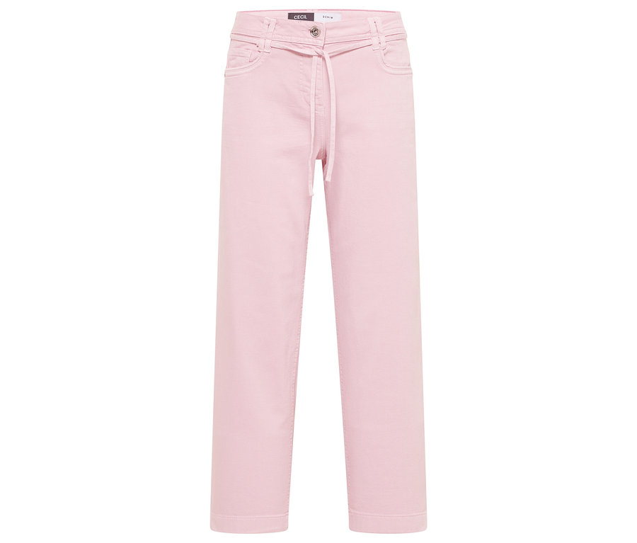 Světle růžové džíny CECIL »Neele« leží na bílém pozadí. Mají stahovací šňůrku.