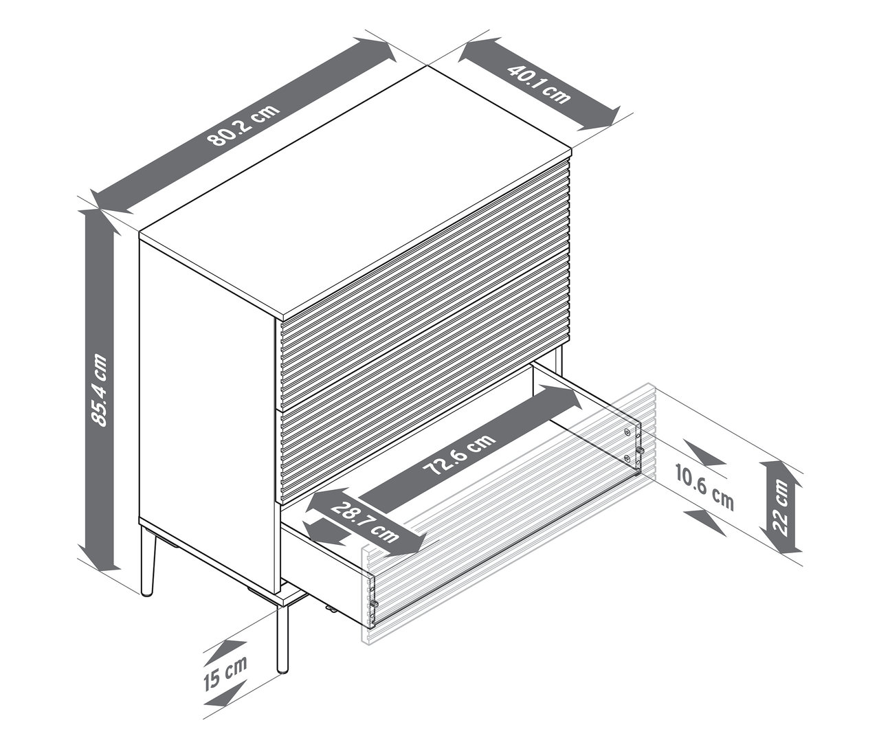 Detailní schematický nákres komody »REET« v lamelovém vzhledu s rozměry.
