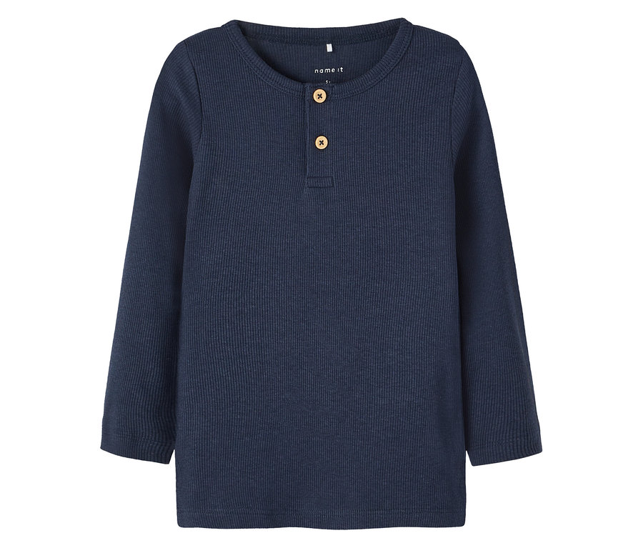 Tmavě modré žebrované triko s dlouhým rukávem NAME IT se dvěma knoflíky.