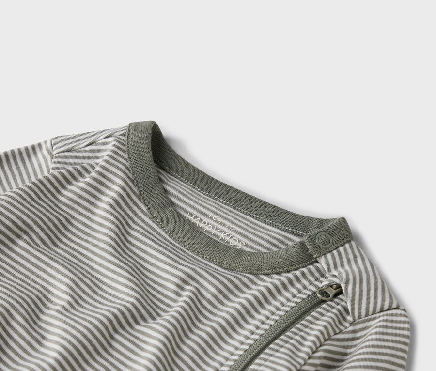 Detailní záběr na šedo-bílé pruhované pyžamo se zipem a potiskem "HAPPY KIDS" na límci.