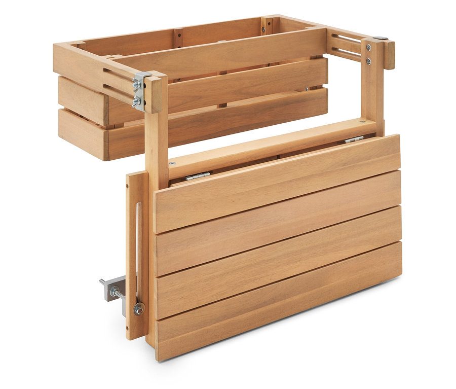 Dřevěná konstrukce s policí a sklopnou deskou stolu na bílém pozadí.