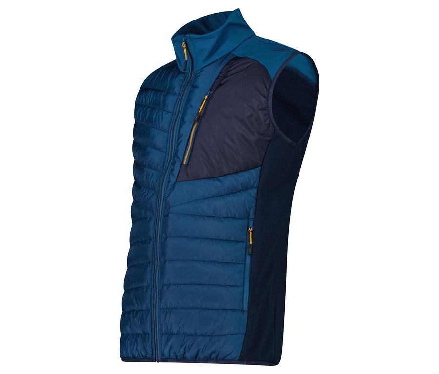 Tmavě modrá prošívaná vesta s tmavě modrými fleecovými panely po stranách a žlutými zipy.