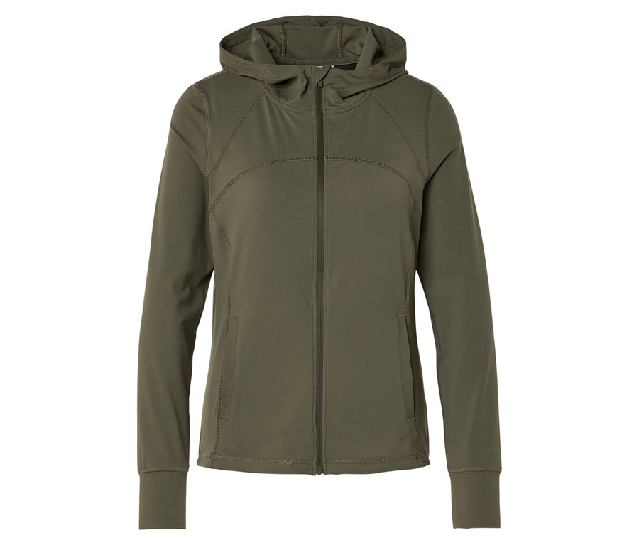 Zelená sportovní bunda s kapucí a zipem.