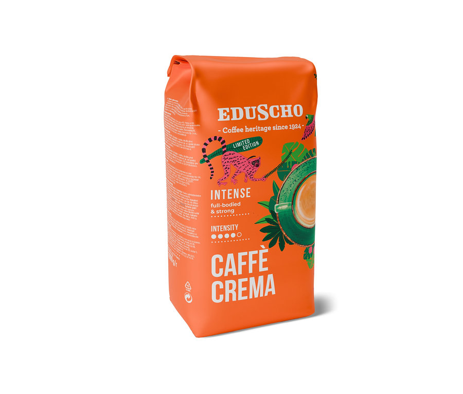 Oranžové balení zrnkové kávy Eduscho Caffè Crema Intense o hmotnosti 1 kg.