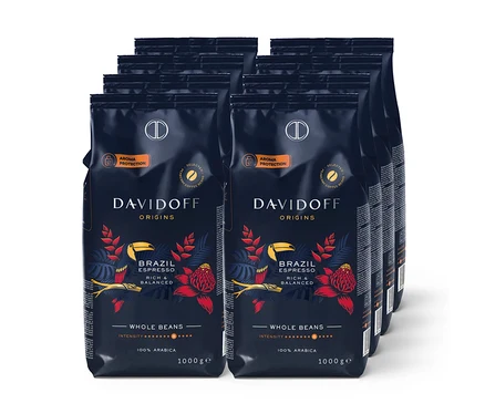 Seskupení osmi balení zrnkové kávy DAVIDOFF CAFÉ ORIGINS Brazil po 1000 g.