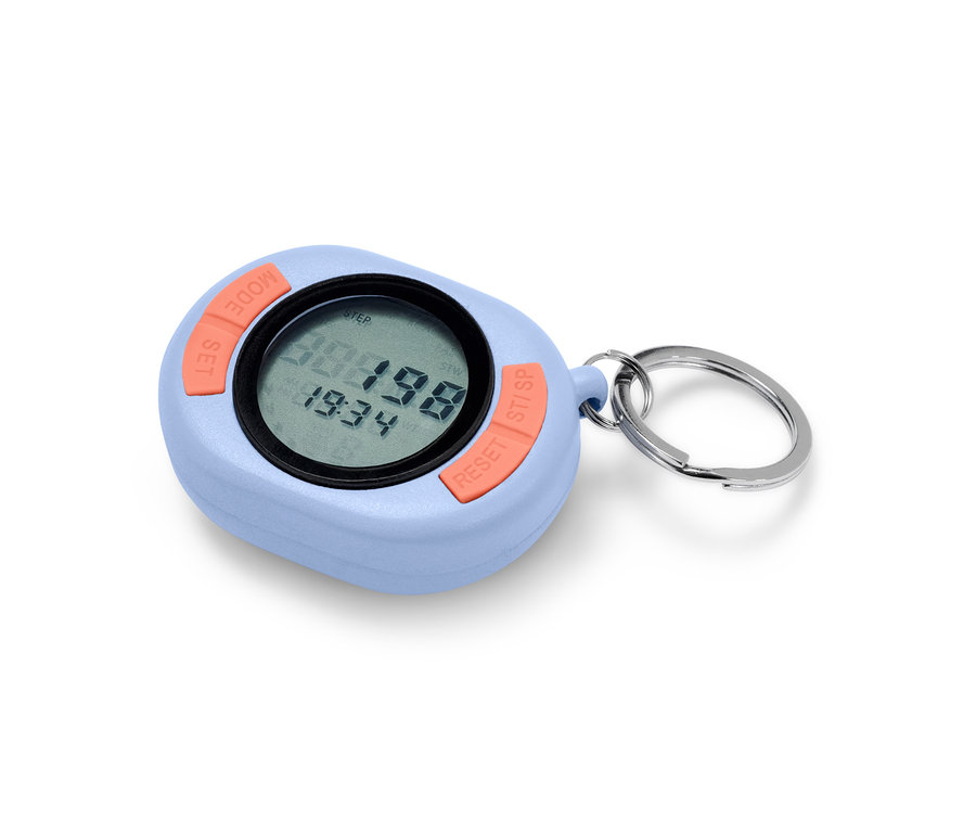 Modrý krokoměr s oranžovými tlačítky a kroužkem na klíče.