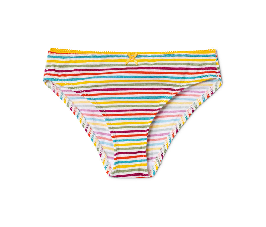 Pár pestrobarevných pruhovaných kalhotek s mašlí.