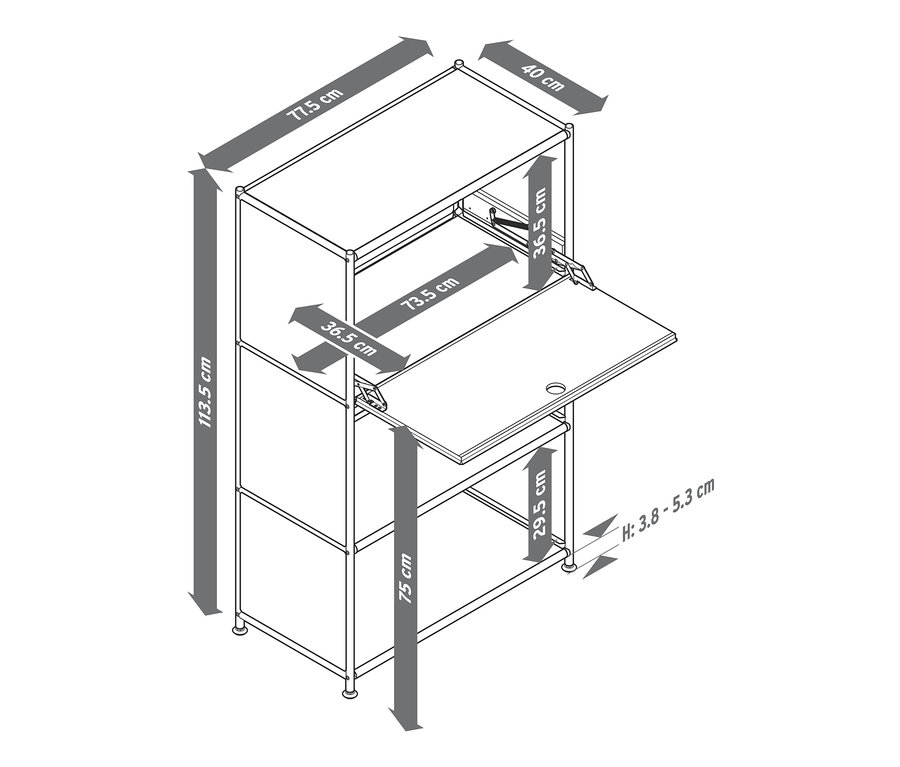 Ilustrace sekretáře »CN3« se sklápěcí deskou, rozměry jsou uvedeny v centimetrech.