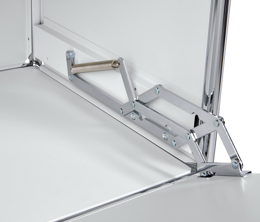 Detail bílého kovového sekretáře »CN3« se stříbrným mechanismem.