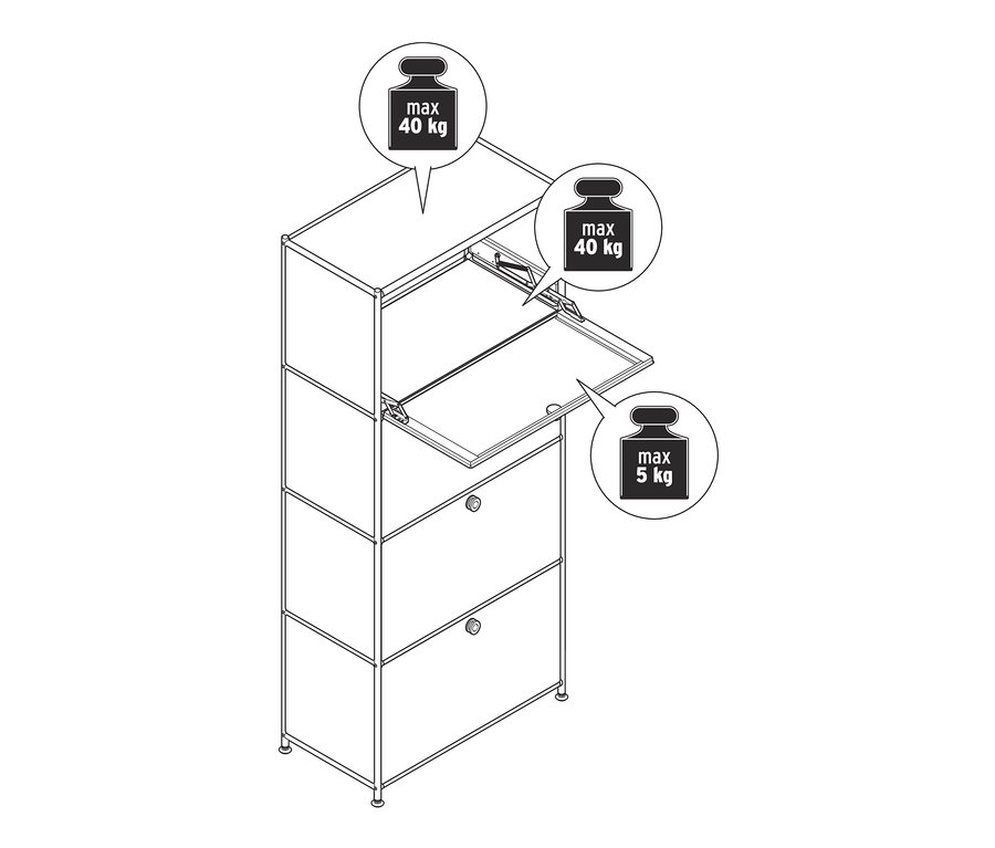 Nákres kovové vysoké skříňky CN3 se 4 výklopnými dvířky. Jedny dvířka jsou otevřené.