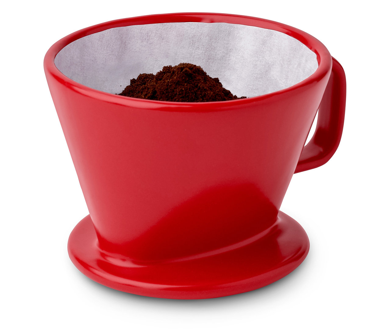 Červený ruční kávový filtr vel. 2 s kávou uvnitř.