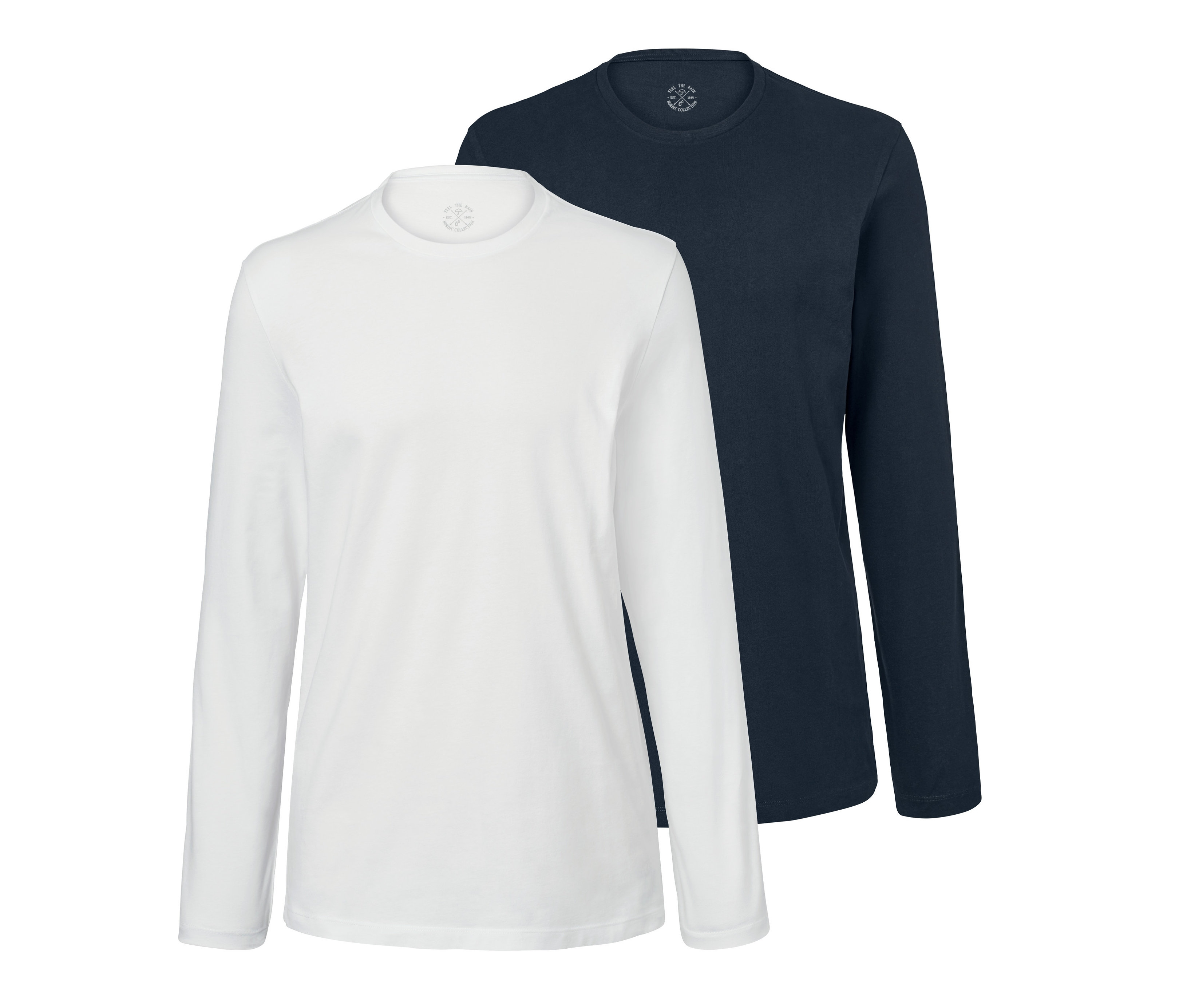 Dvě trička s dlouhým rukávem, jedno bílé a jedno modré.