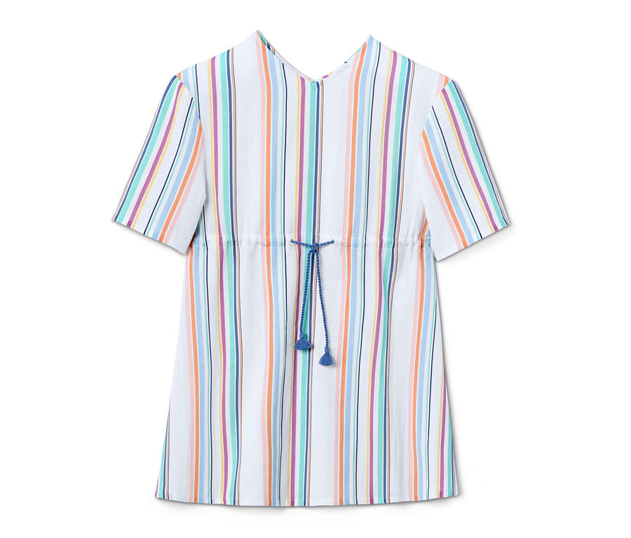 Pruhovaný kaftan z biobavlny s modrým stahováním v pase.