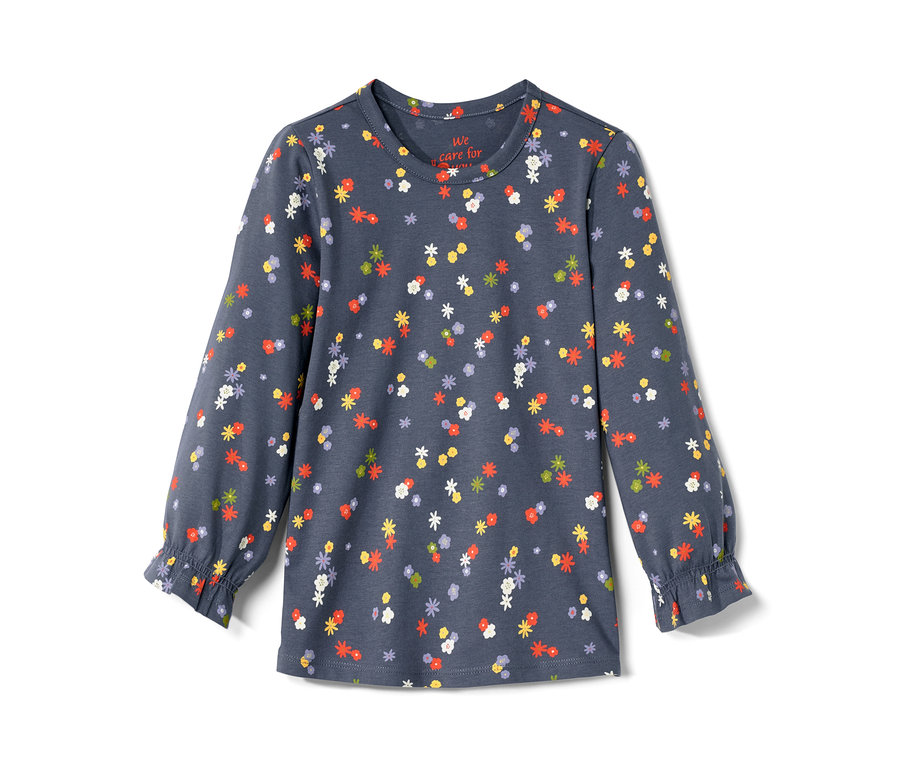 Modré tričko s dlouhým rukávem pro batolata s celoplošným květinovým vzorem.