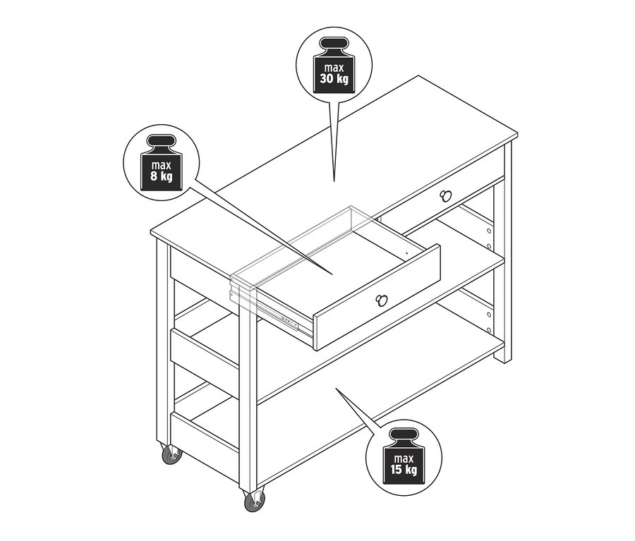 Nákres servírovacího vozíku s otevřeným šuplíkem a maximální nosností 30 kg na horní desce.