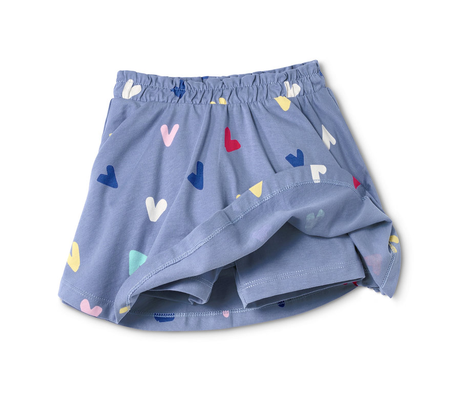 Modrá žerzejová sukně s kalhotami z biobavlny se vzorem srdíček.