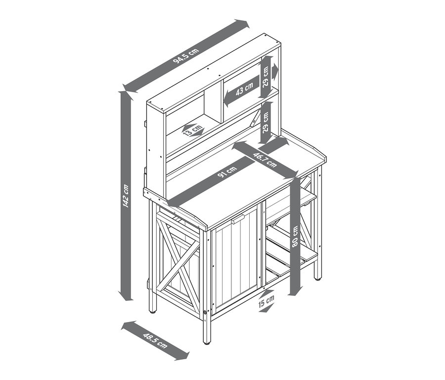 Schéma zahradního stolu »Jonte« s nádobou na odpad a policí, s vyznačenými rozměry.