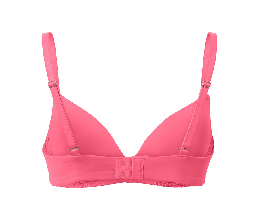Detail růžové podprsenky s měkkými košíčky, pohled zezadu.