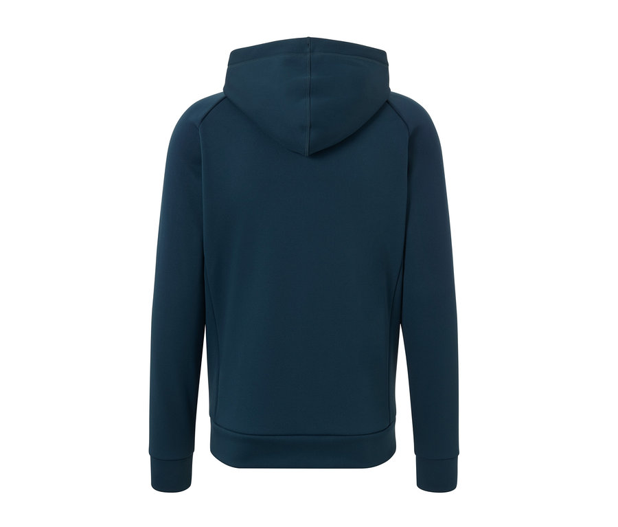 Tmavě modrá funkční bunda s kapucí zezadu.