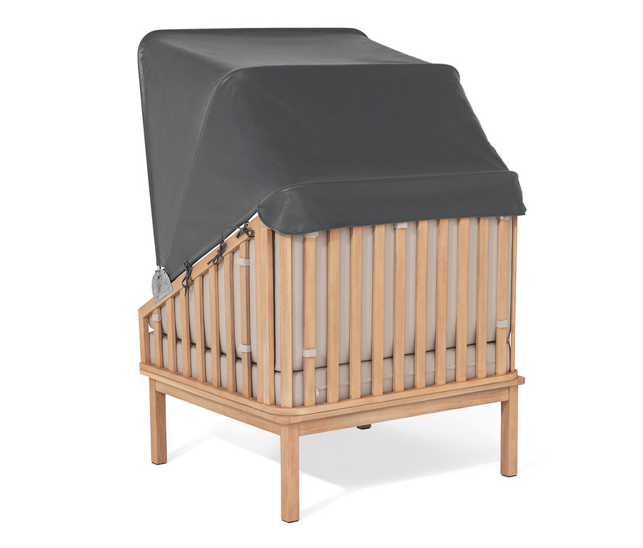 Skládací plážový koš prémiové kvality s šedou stříškou proti slunci a podnožkou.