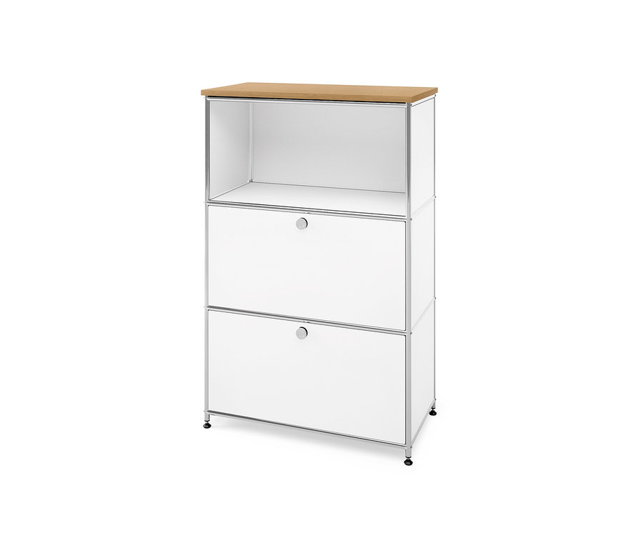 Bílý regál se dvěma zásuvkami a světlou dubovou deskou »CN3« o šířce 77 cm.