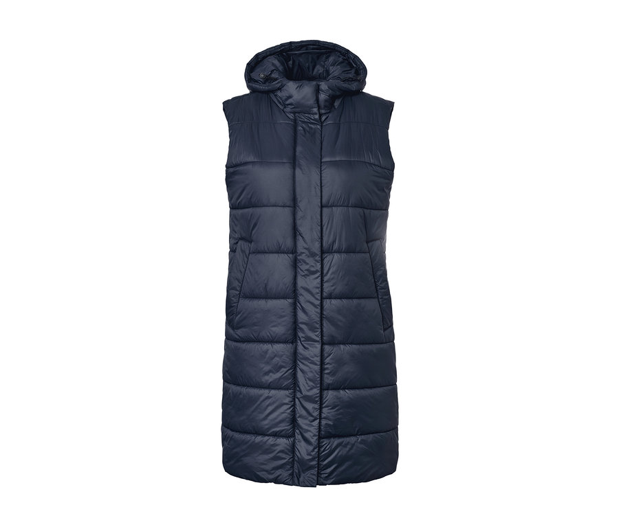 Tmavě modrá dlouhá prošívaná vesta s kapucí.
