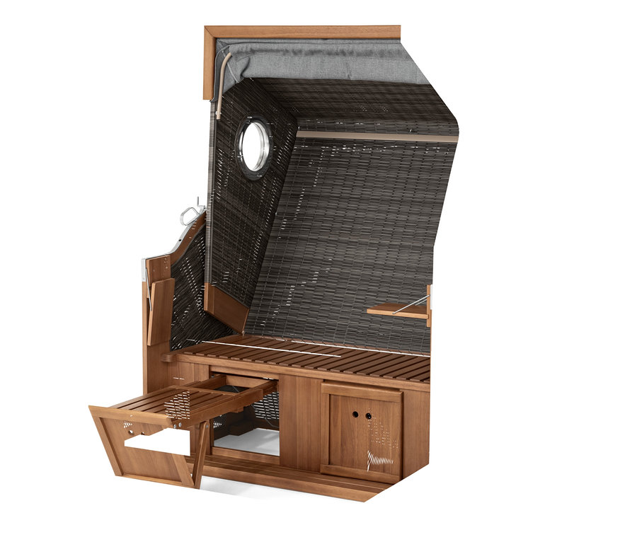 Detail prémiového plážového koše XL se 2 výklopnými stolky, jeden stolek je vysunutý.