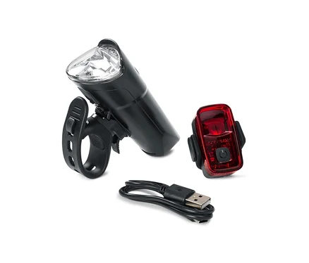 Sada osvětlení na kolo sestává z předního bílého světla, zadního červeného světla a nabíjecího kabelu USB.