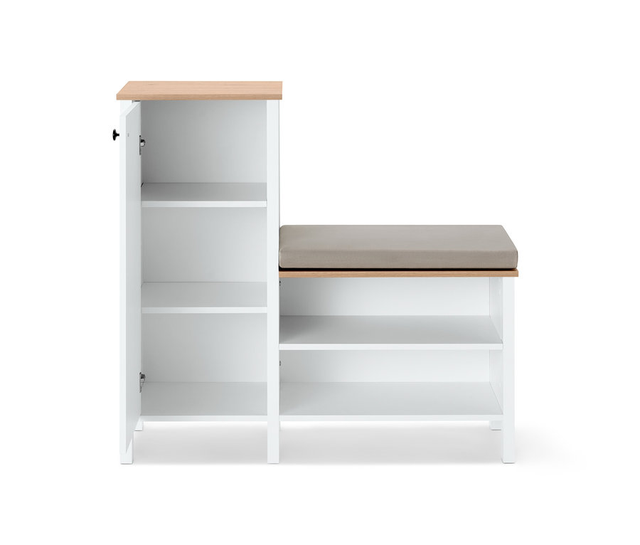 Bílá lavice s botníkem s béžovým sedákem a otevřenou skříňkou.