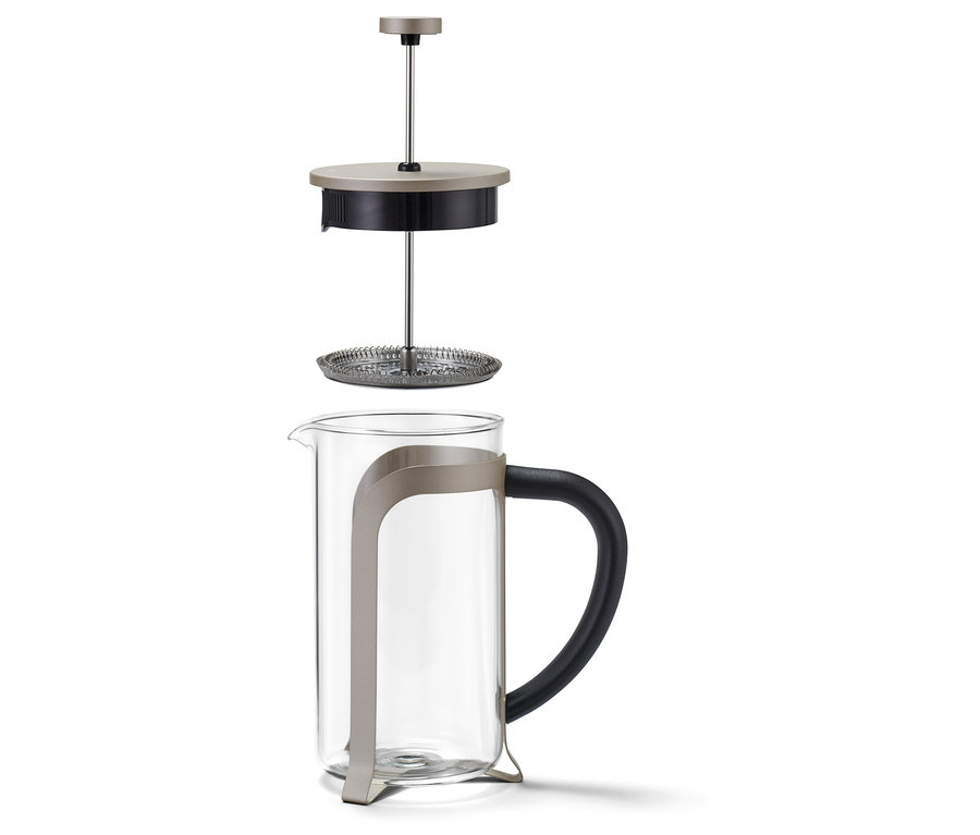 Částečně rozebraná konvička french press 800 ml, 6 šálků, šampaň barvy.