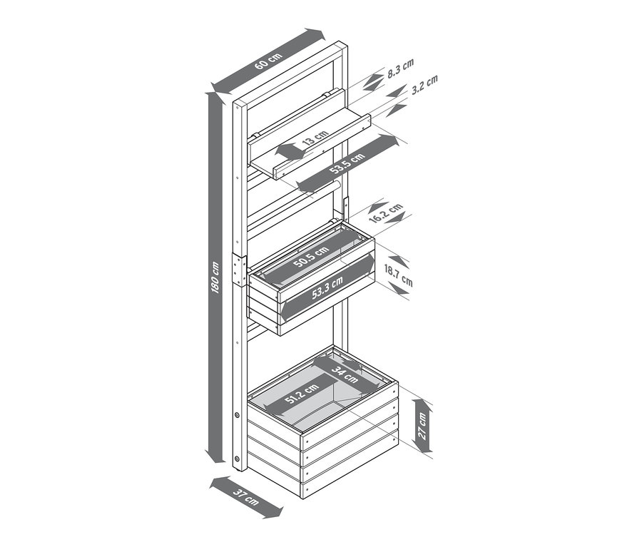 Nákres truhlíkové stěny »Elin« s flexibilně zavěsitelnými prvky a rozměry.