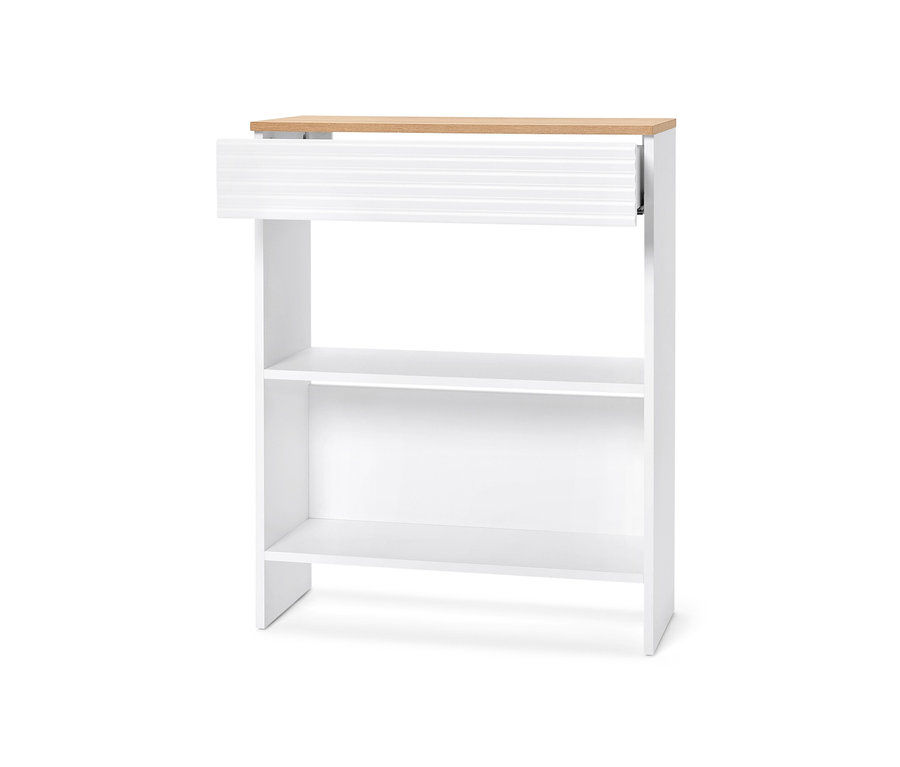 Detail konzolové skříňky se zásuvkou, bílý nábytek s dřevěnou horní deskou a otevřenými policemi.