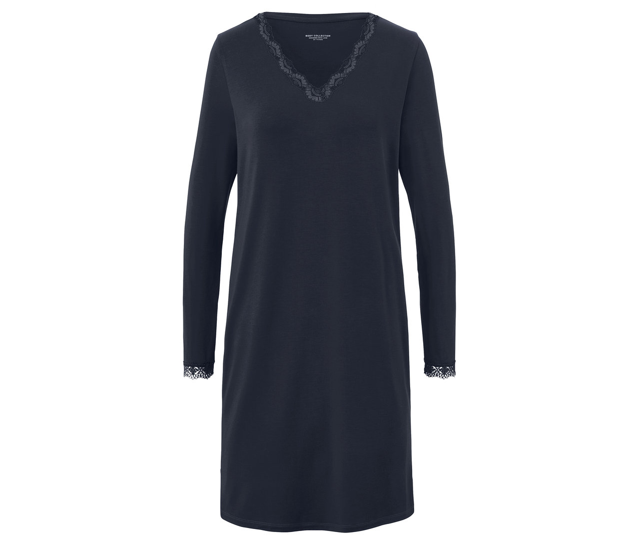 Tmavě modré noční košile s dlouhými rukávy a krajkovým lemem u výstřihu a na manžetách.