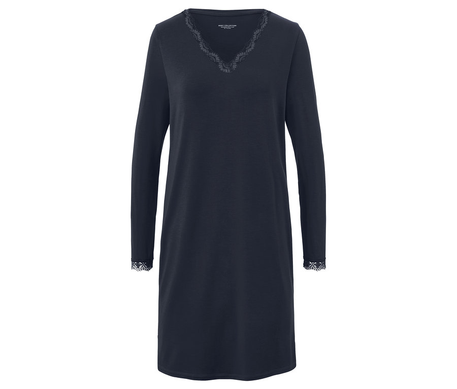 Tmavě modré noční košile s dlouhými rukávy a krajkovým lemem u výstřihu a na manžetách.