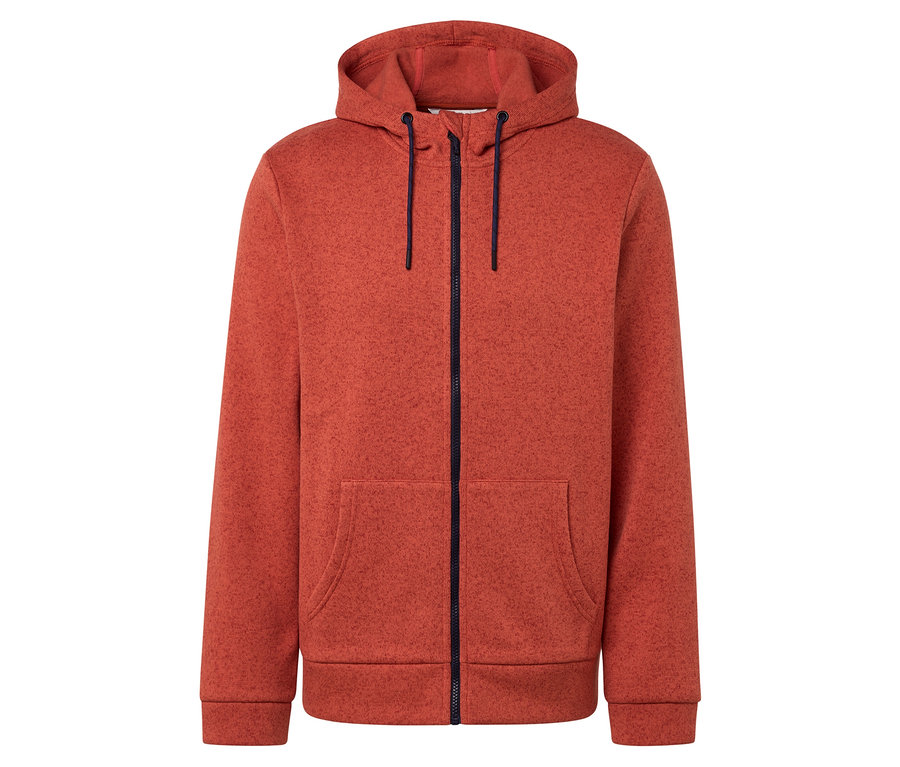 Oranžová mikina s kapucí a zipem uprostřed.