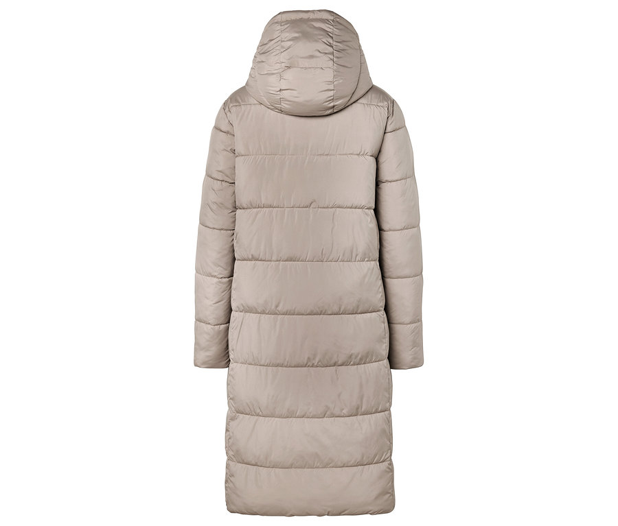 Béžová prošívaná bunda s kapucí, pohled zezadu.