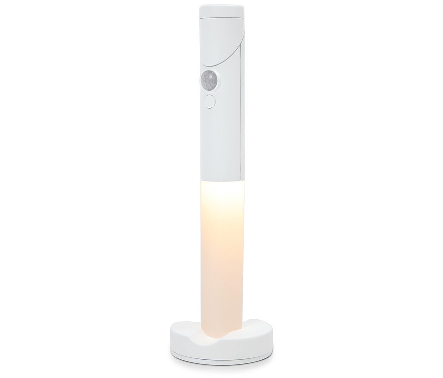 Bílá LED lampa na podstavci.